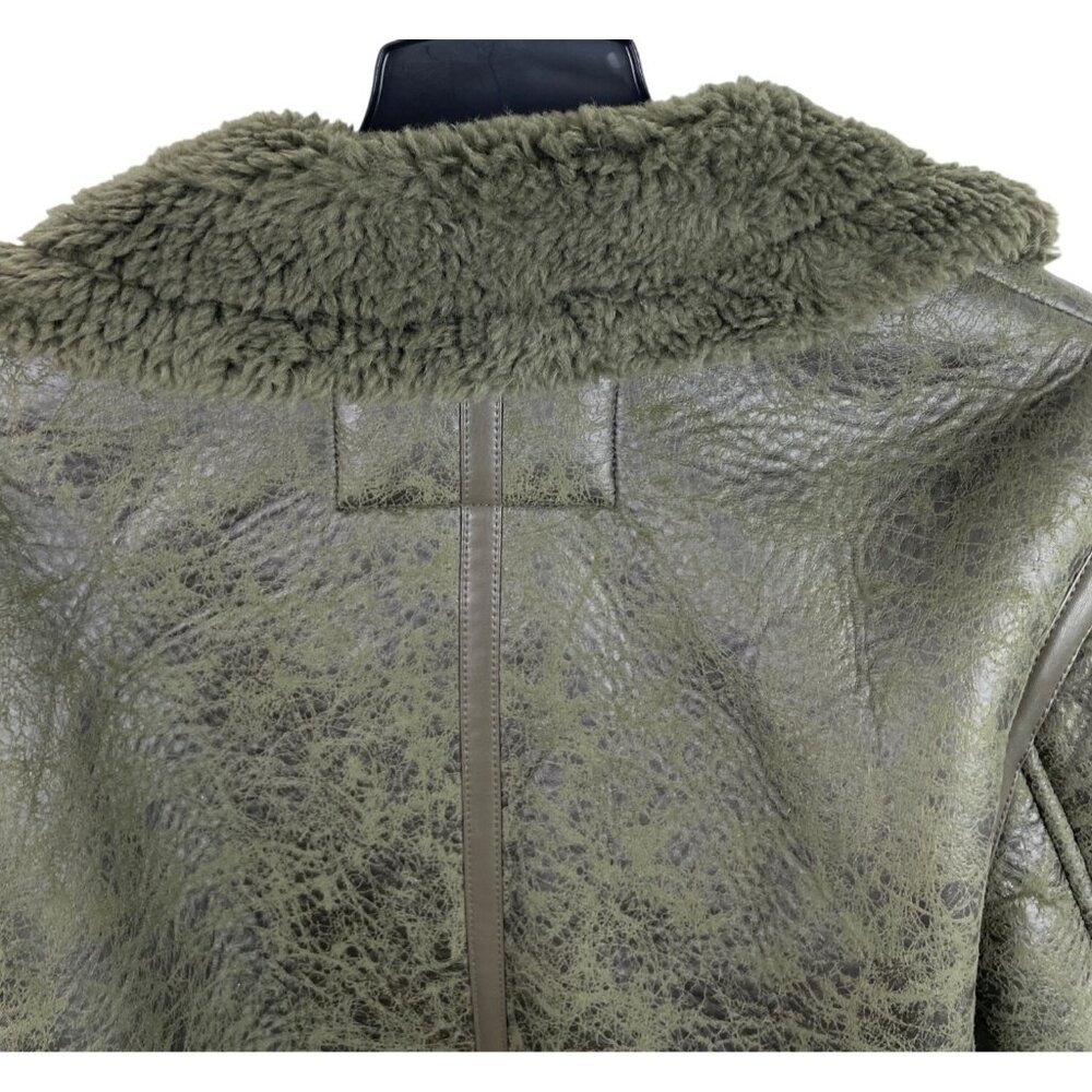 American Eagle Womens Olive Green Oversized Shearling Biker Jacket Size MEDIUM - Picture 6 of 10
